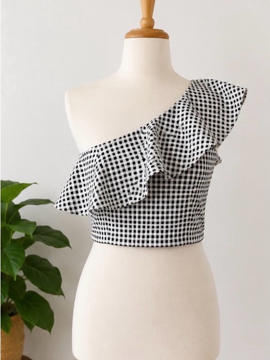 Blue Blush Tops - Black & White One-Shoulder Gingham Ruffle Crop Top